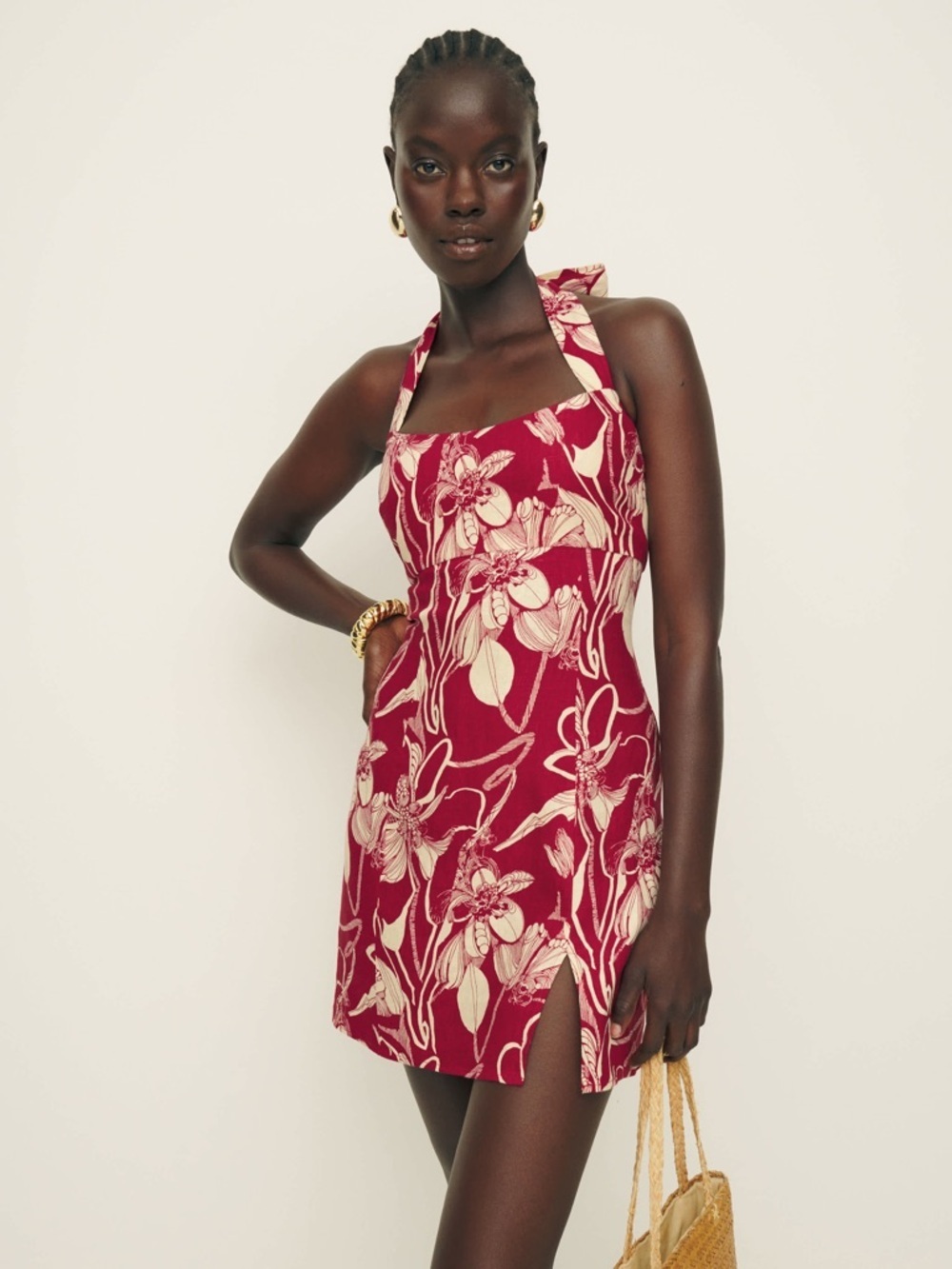 NWT Reformation Isha Halter Mini Linen Dress Red Floral 6